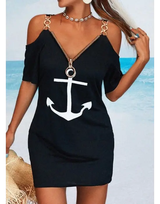 Fermuar Detay çıpa Baskılı Zincir Askılı Viskon Elbise