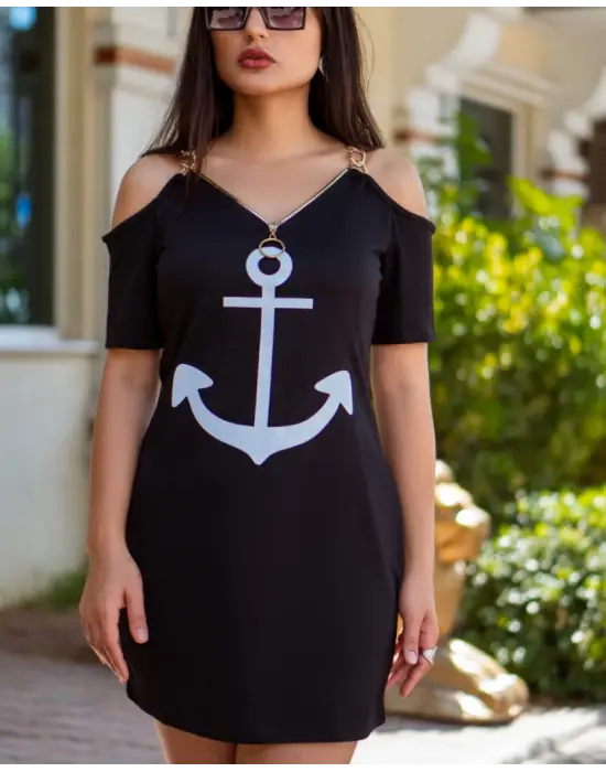 Fermuar Detay çıpa Baskılı Zincir Askılı Viskon Elbise