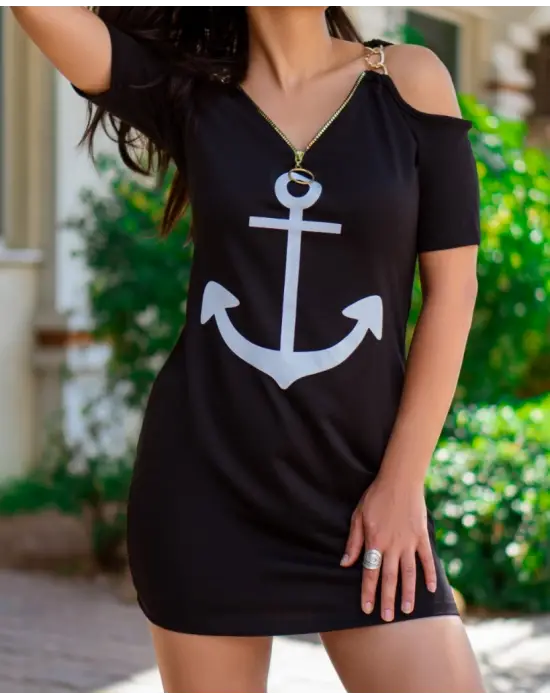 Fermuar Detay çıpa Baskılı Zincir Askılı Viskon Elbise