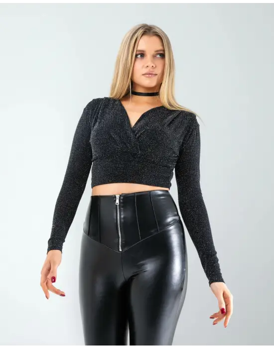 Omarı Fermuar Detaylı Esnek Deri Tayt