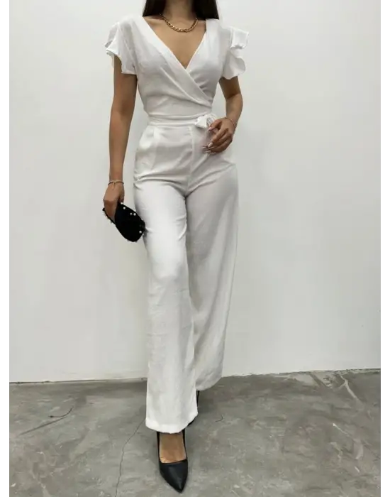 Fermuar Detaylı Fırfırlı Tulum   -Beyaz