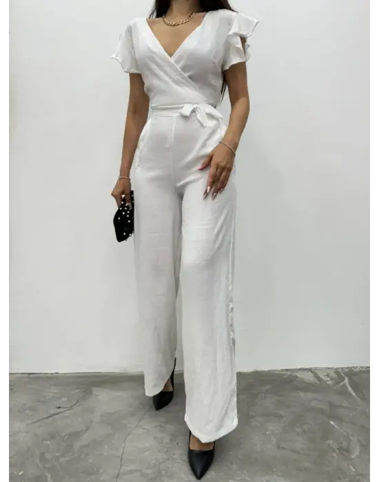 Fermuar Detaylı Fırfırlı Tulum   -Beyaz