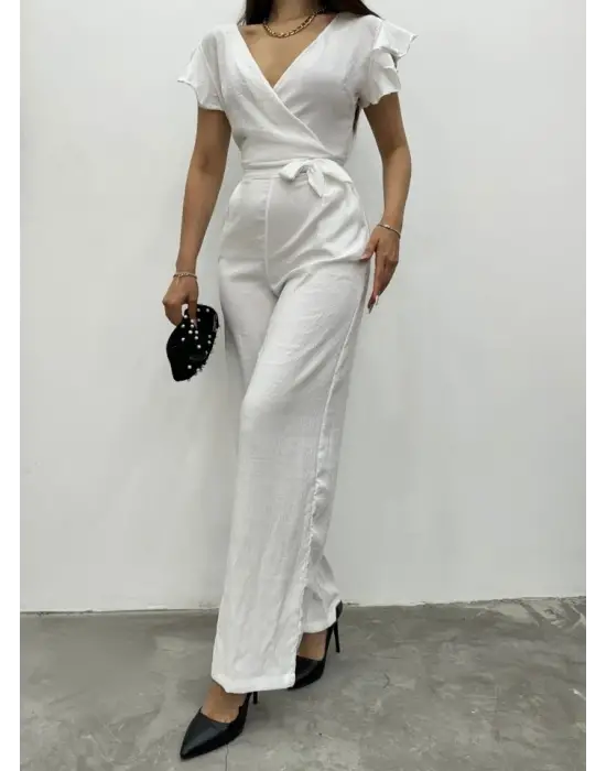 Fermuar Detaylı Fırfırlı Tulum   -Beyaz