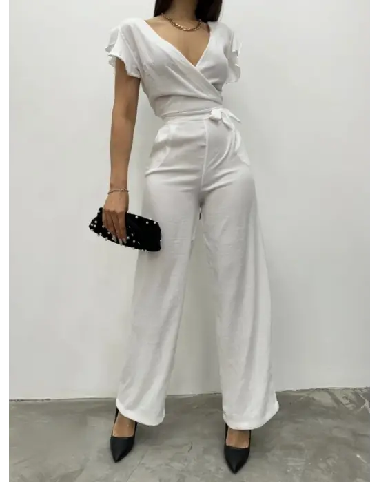 Fermuar Detaylı Fırfırlı Tulum   -Beyaz