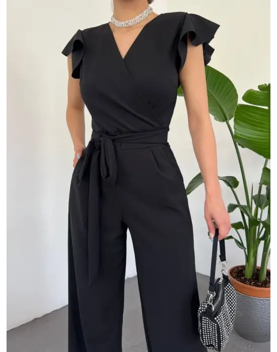 Fermuar Detaylı Fırfırlı Tulum -Siyah