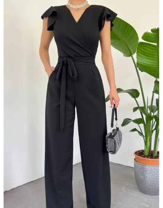 Fermuar Detaylı Fırfırlı Tulum -Siyah