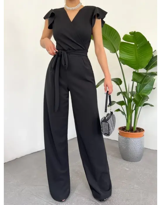 Omarı Siyah Fermuarlı Fırfırlı Tulum Modası