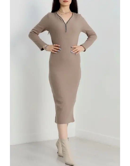 Fermuar detaylı fitilli şardonlu elbise bej a3178