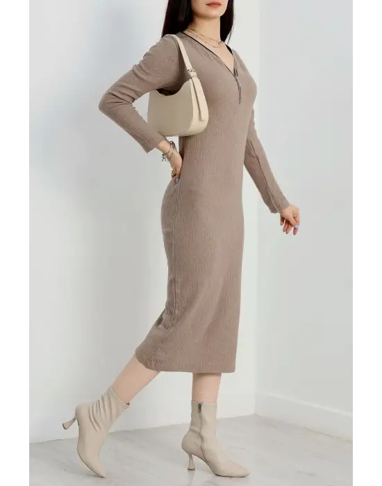 Fermuar detaylı fitilli şardonlu elbise bej a3178