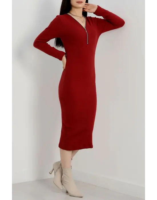 Fermuar detaylı fitilli şardonlu elbise bordo a3178