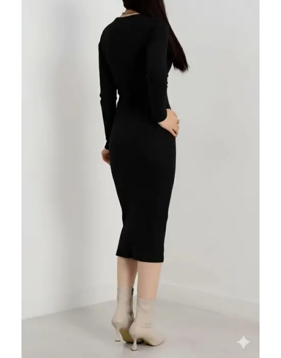 Fermuar detaylı fitilli şardonlu elbise siyah a3178