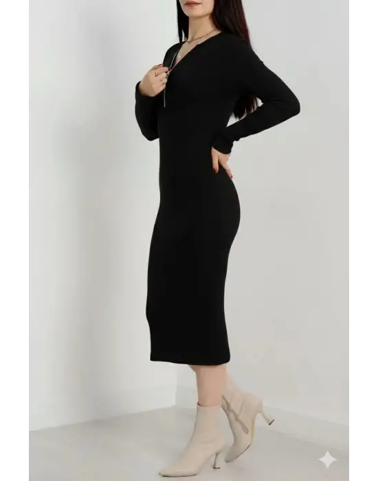 Fermuar detaylı fitilli şardonlu elbise siyah a3178