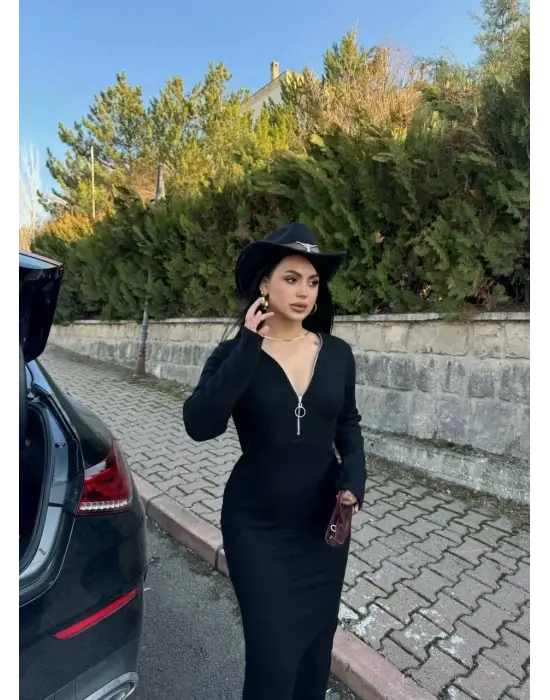 Fermuar detaylı fitilli şardonlu elbise siyah a3178