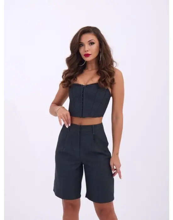 Omarı Kadife Kısa Kollu Crop Bluz