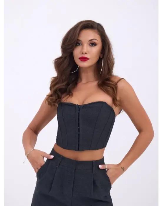 Omarı Kadife Kısa Kollu Crop Bluz