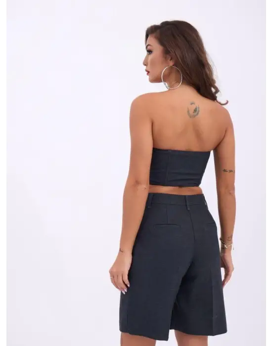 Omarı Kadife Kısa Kollu Crop Bluz