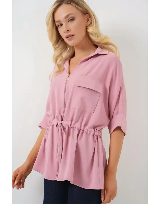 Fermuarlı Gömlek 0721 - Pudra