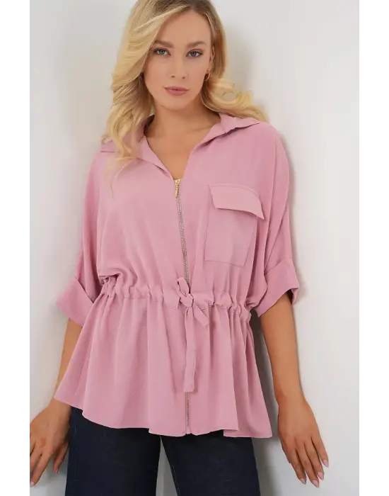 Fermuarlı Gömlek 0721 - Pudra
