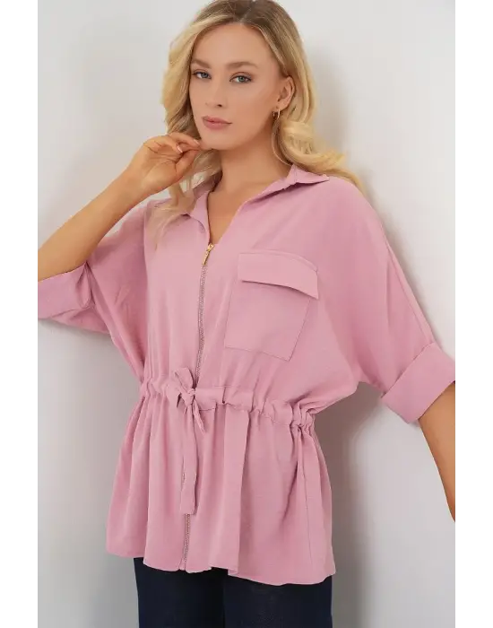 Fermuarlı Gömlek 0721 - Pudra