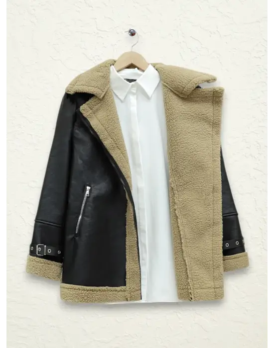 Omarı Pelüş İçiyle Sıcacık Deri Ceket - Açık Kahve