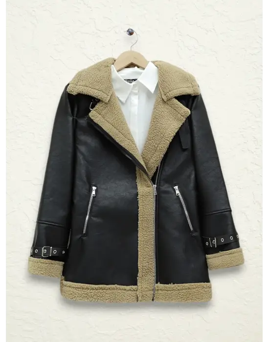 Omarı Pelüş İçiyle Sıcacık Deri Ceket - Açık Kahve