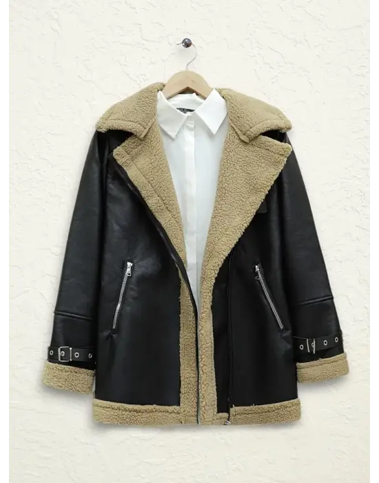 Omarı Pelüş İçiyle Sıcacık Deri Ceket - Açık Kahve