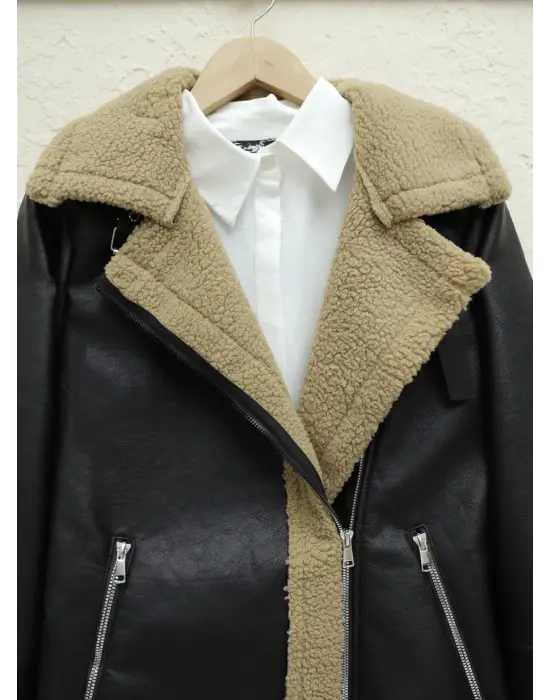 Omarı Pelüş İçiyle Sıcacık Deri Ceket - Açık Kahve