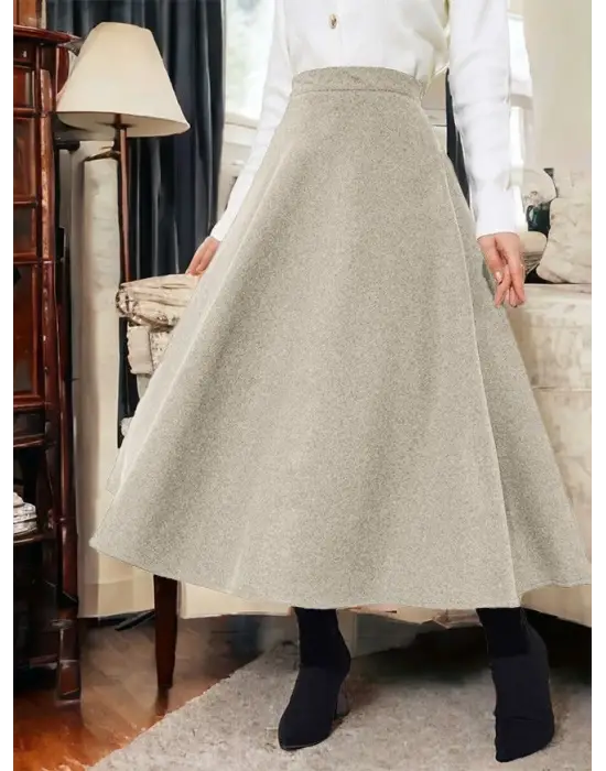 Fermuarlı Kaşe Çan Etek    -Bej