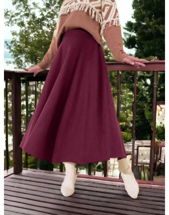 Fermuarlı Kaşe Çan Etek -Bordo