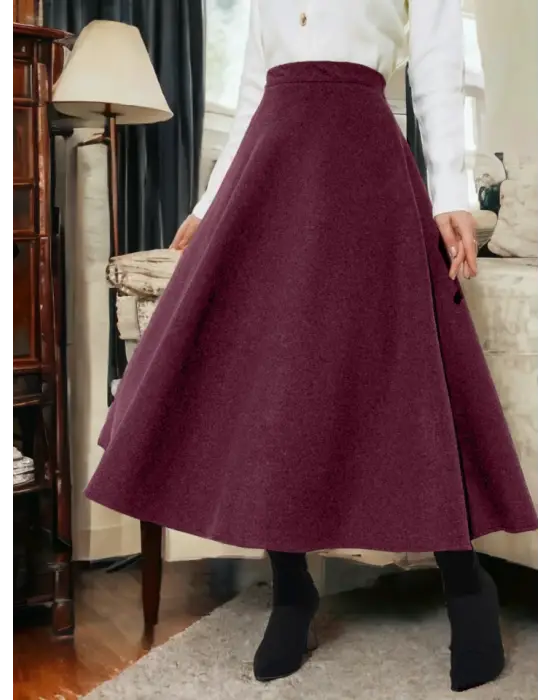 Fermuarlı Kaşe Çan Etek -Bordo