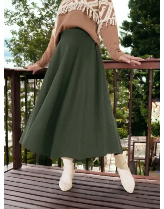 Fermuarlı Kaşe Çan Etek    -Haki