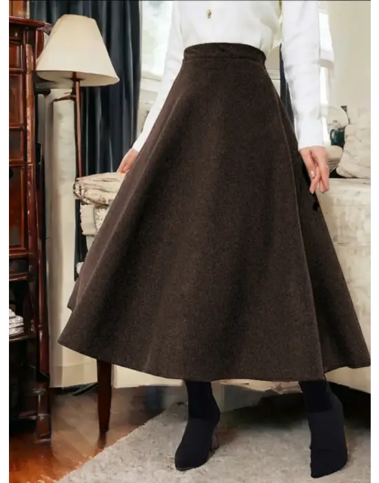 Fermuarlı Kaşe Çan Etek   -Kahve