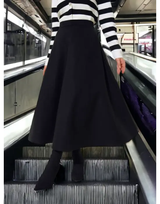 Fermuarlı Kaşe Çan Etek -Siyah