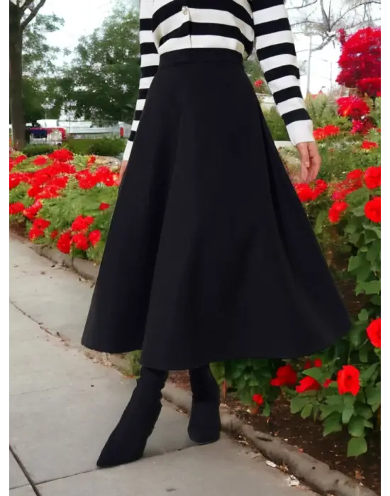 Fermuarlı Kaşe Çan Etek -Siyah