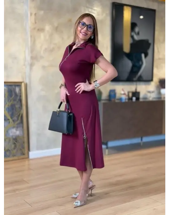 Omarı Şık Kadın Midi Fermuarlı Elbise