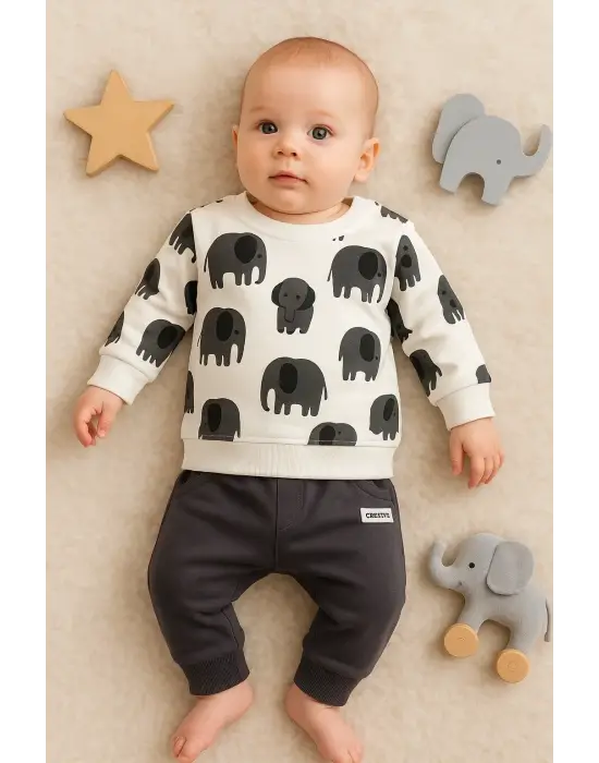 Fil Desenli 2li % 100 Pamuk Erkek Bebek Takımı