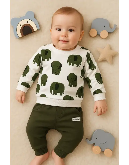 Fil Desenli 2li % 100 Pamuk Erkek Bebek Takımı