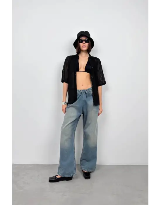 Omarı Fileli Polo Yaka Bluz