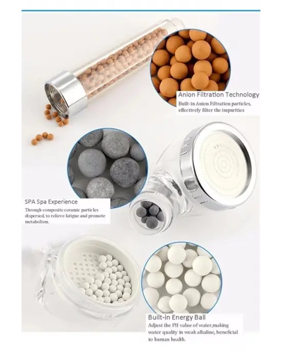 Filtreli Ve Su Tasarruflu Arıtmalı Duş Başlığı Seti Boncuklu Başlık Hortum Ve Mafsal Set