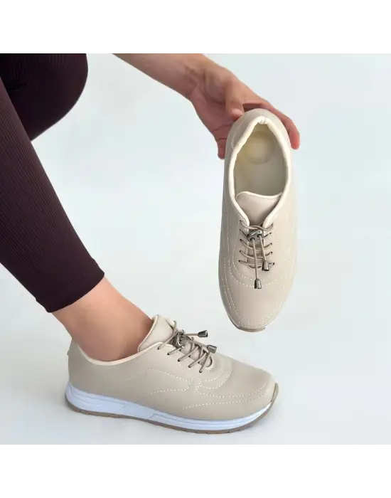 Finna Bej Cilt Bağcıklı Spor Ayakkabı