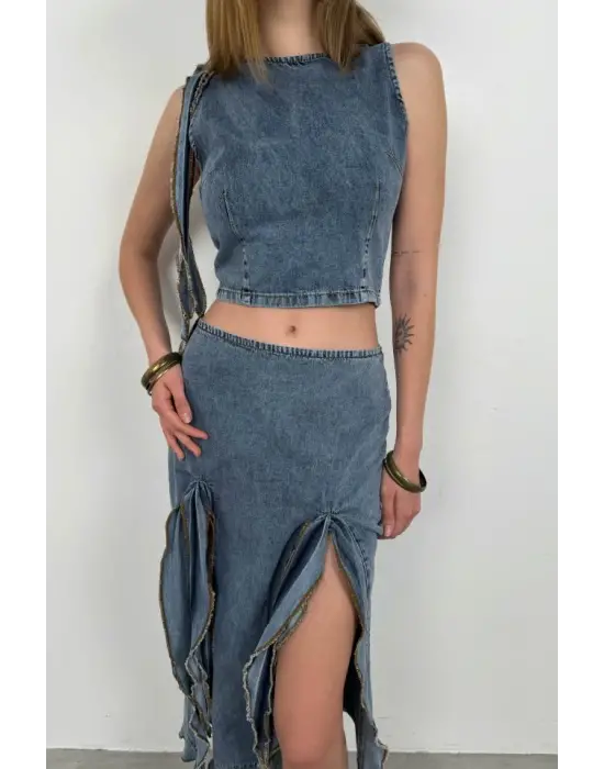 Fırfır Detay Denim Bluz