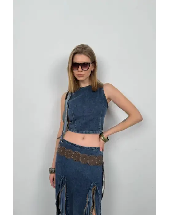 Omarı Fırfır Detaylı Denim Bluz