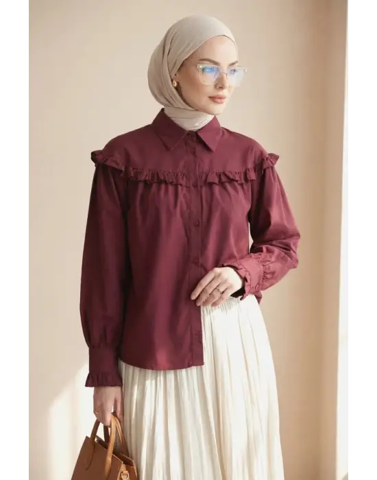 Fırfır Detaylı Düğmeli Kısa Gömlek -Bordo
