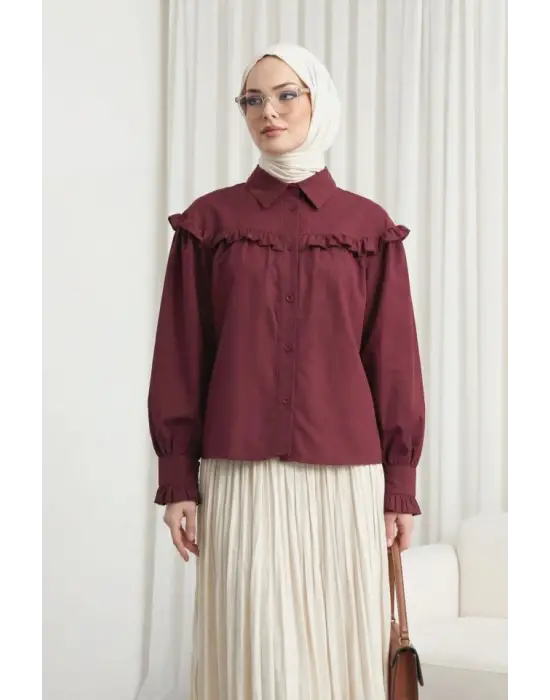 Fırfır Detaylı Düğmeli Kısa Gömlek -Bordo