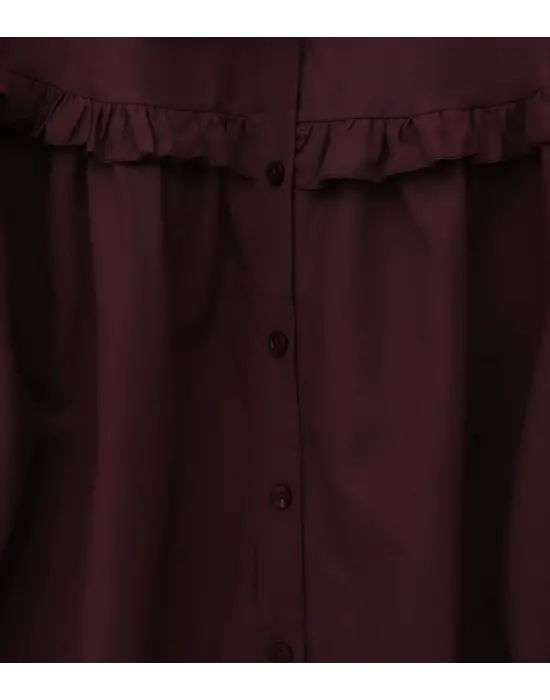 Fırfır Detaylı Düğmeli Kısa Gömlek -Bordo
