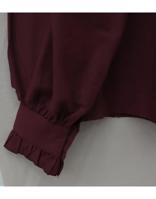Fırfır Detaylı Düğmeli Kısa Gömlek -Bordo