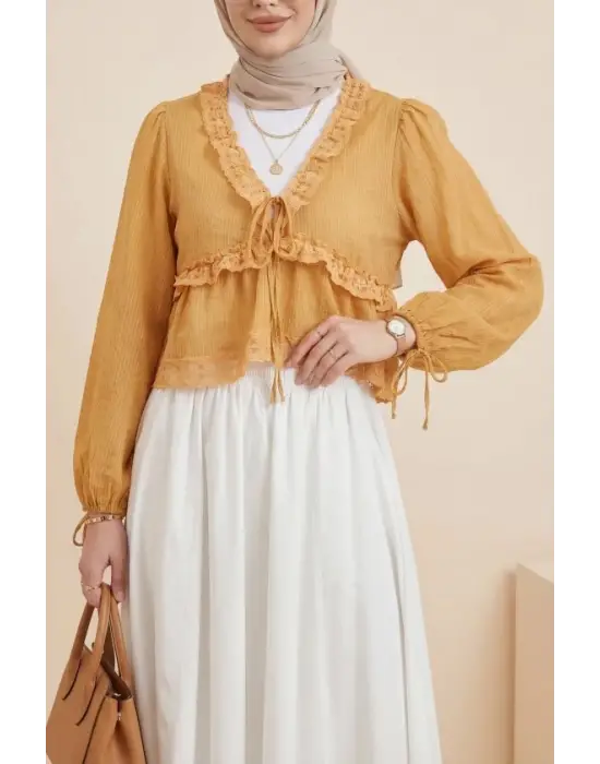 Fırfır Detaylı V Yaka Yarı Transparan Bluz -Turuncu