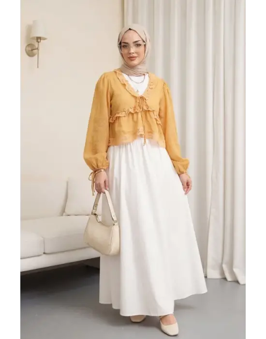 Fırfır Detaylı V Yaka Yarı Transparan Bluz -Turuncu