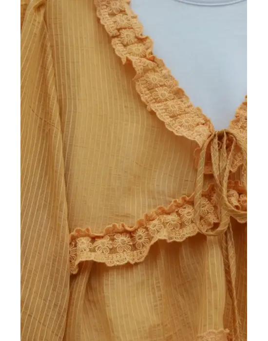 Fırfır Detaylı V Yaka Yarı Transparan Bluz -Turuncu