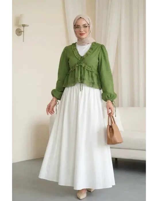 Fırfır Detaylı V Yaka Yarı Transparan Bluz -Yeşil